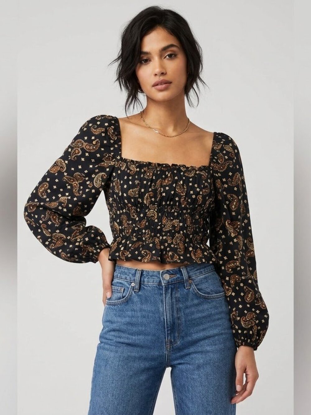 Black Paisley Smocked Peplum Top XL Square Neck Puff Sleeve JustFab